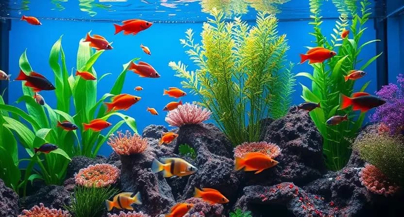 Colorful tropical fish swimming in an aquarium with floating fish food