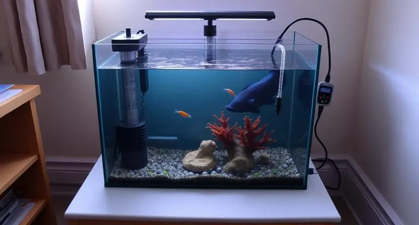 A budget aquarium with a heater and thermometer for stable water temperature