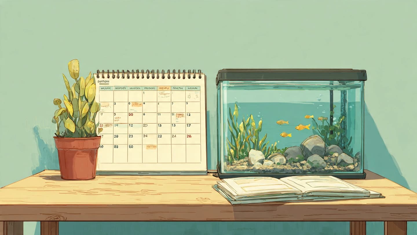 Calendar highlighting a regular aquarium maintenance schedule for daily, weekly, and monthly tasks