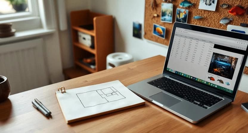 Workspace setup for planning a budget aquarium with sketches, notes, and research materials