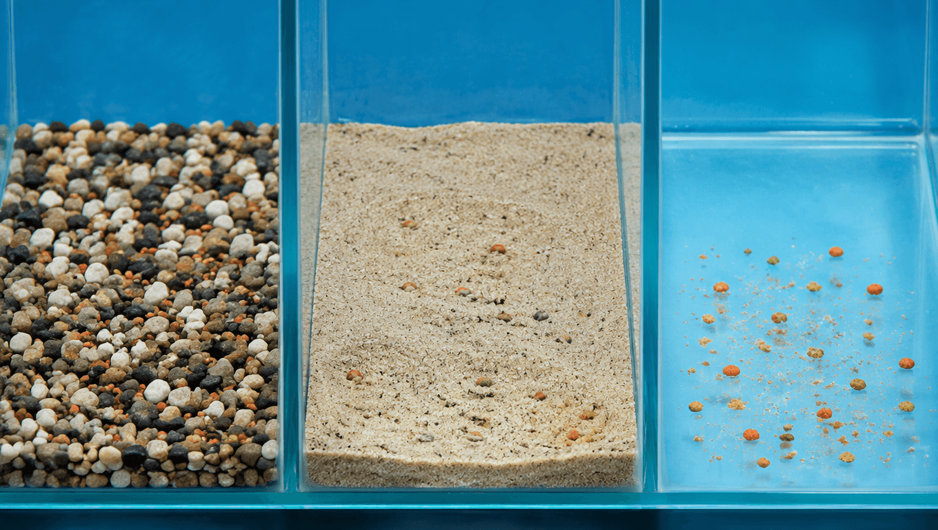 Comparison of gravel, sand, and bare bottom aquarium substrates with visible food debris