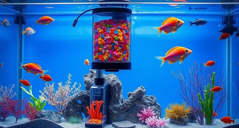 Automatic fish feeder dispensing food in a vibrant aquarium
