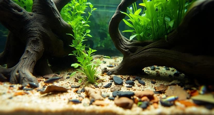 Detailed view of natural substrate, leaf litter, and plants in a realistic low-cost biotope aquarium