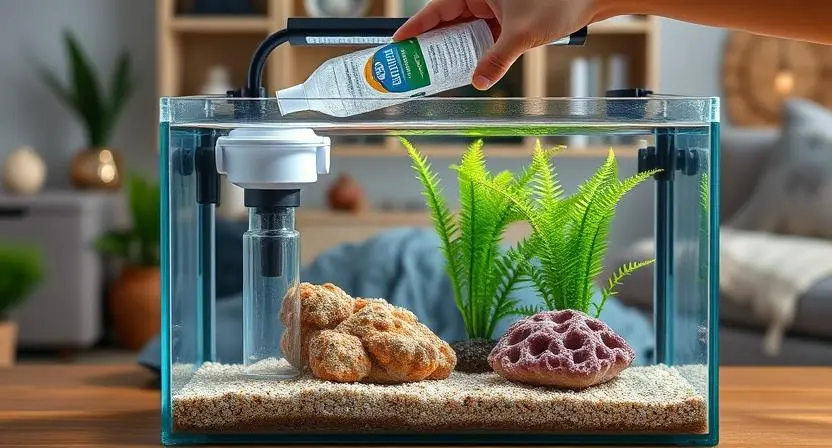 A low-cost aquarium with water conditioner being added