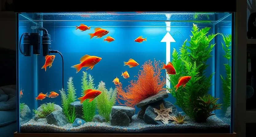 A budget aquarium showcasing the nitrogen cycle with clear water and healthy fish