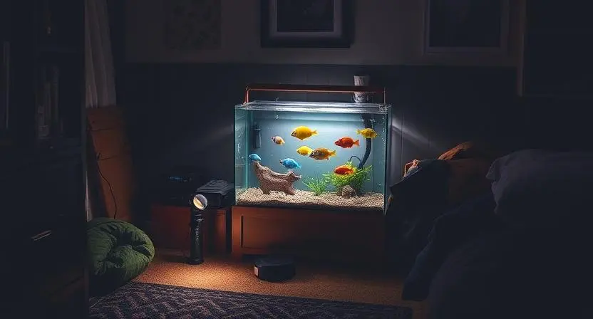A budget aquarium setup prepared for a power outage with backup tools and calm fish