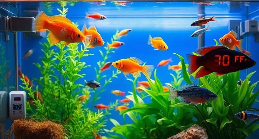 A budget aquarium with tropical fish, a heater, and a thermometer maintaining stable water temperature