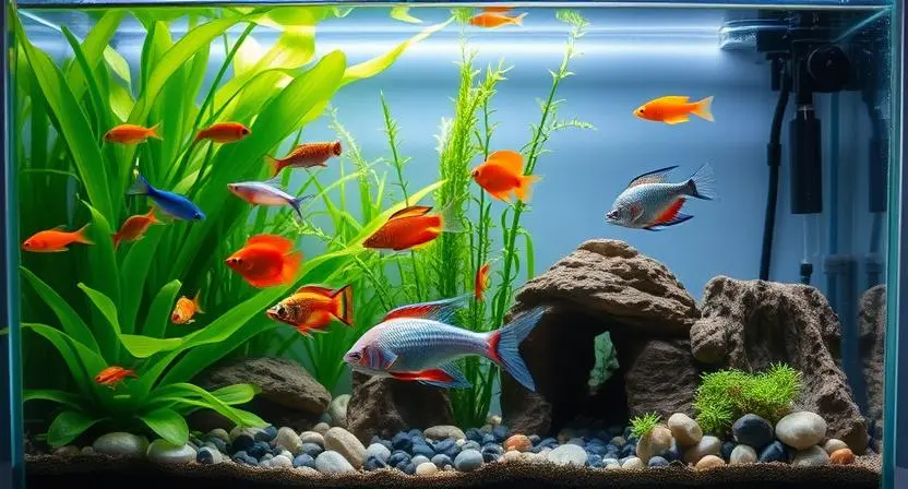 A small aquarium with compatible fish species swimming among plants and decorations