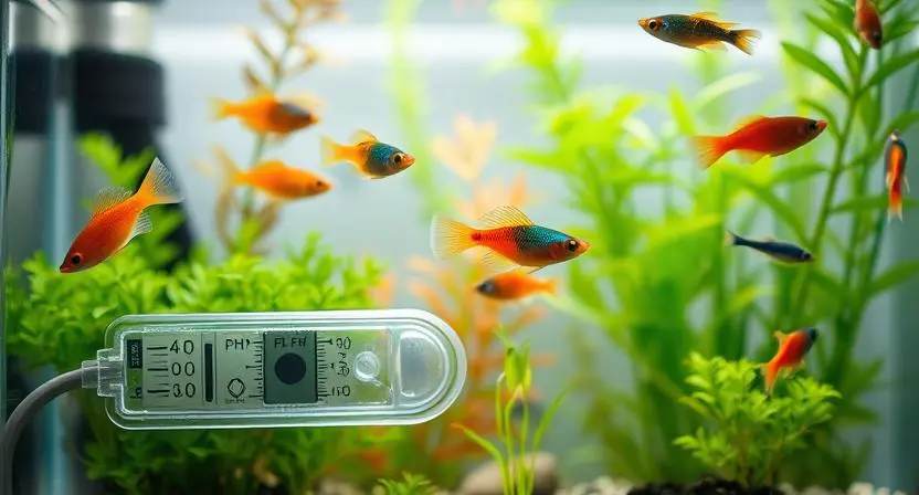 A low-cost aquarium with fish and a pH testing kit