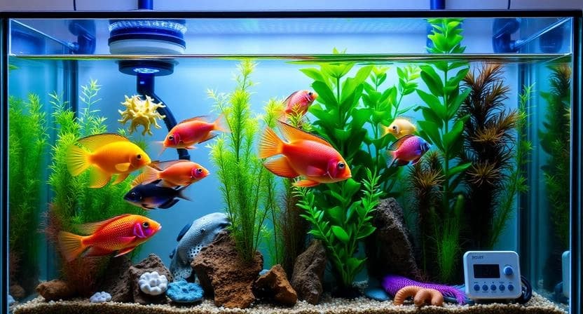 Freshwater aquarium equipped with affordable smart gadgets including feeder, light, and temperature controller