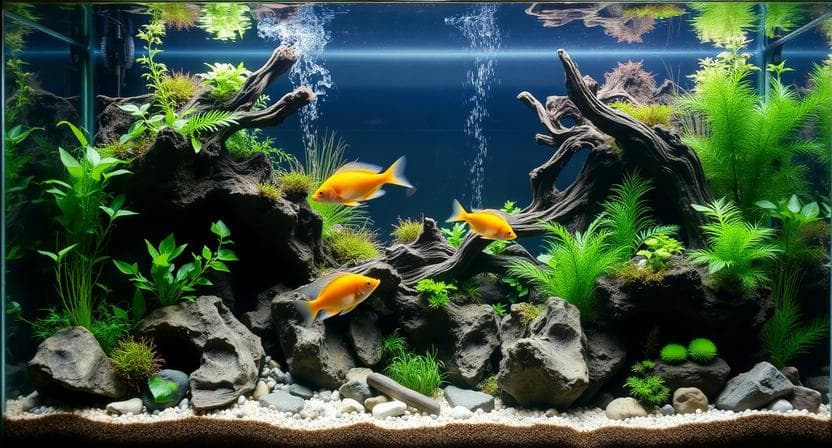 Rearranged aquarium plants and decor creating open water flow channels