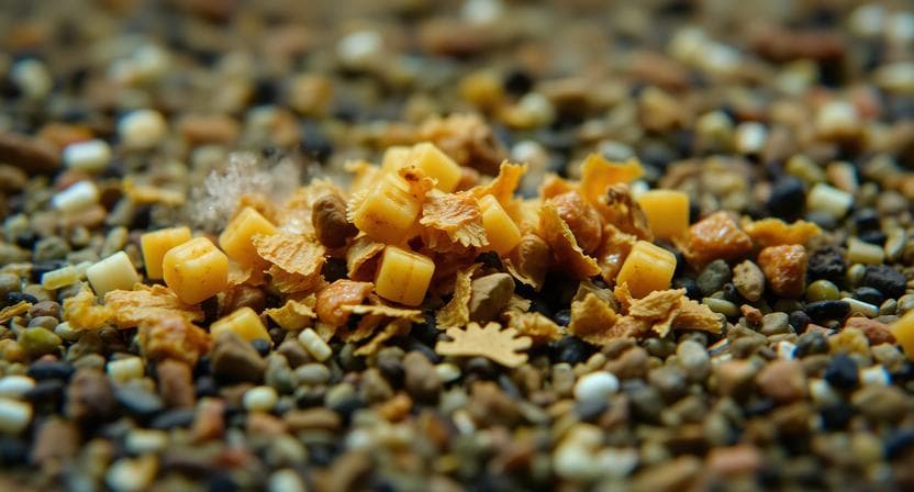 Uneaten fish food decomposing on aquarium gravel, showing water clouding