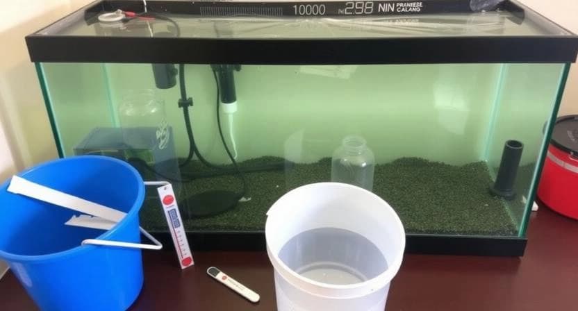 Essential supplies prepared for safely acclimating new fish in an aquarium