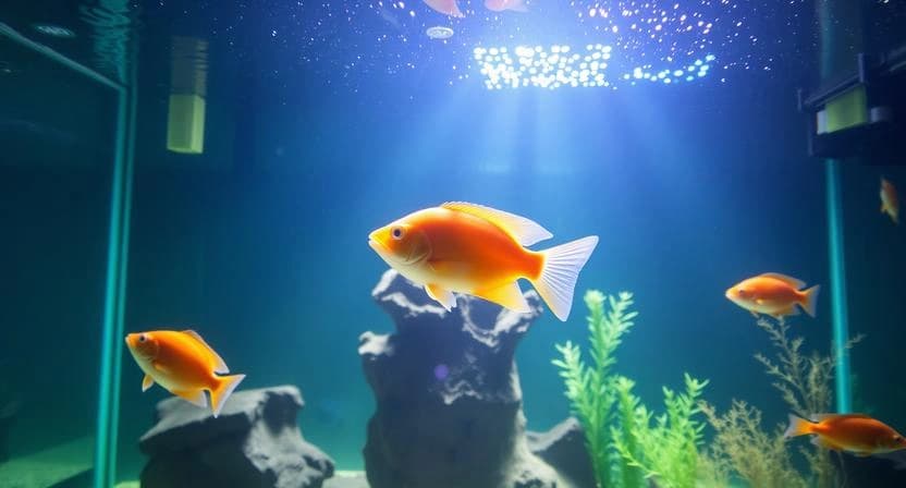 Well-lit aquarium during daytime showing healthy lighting duration for fish