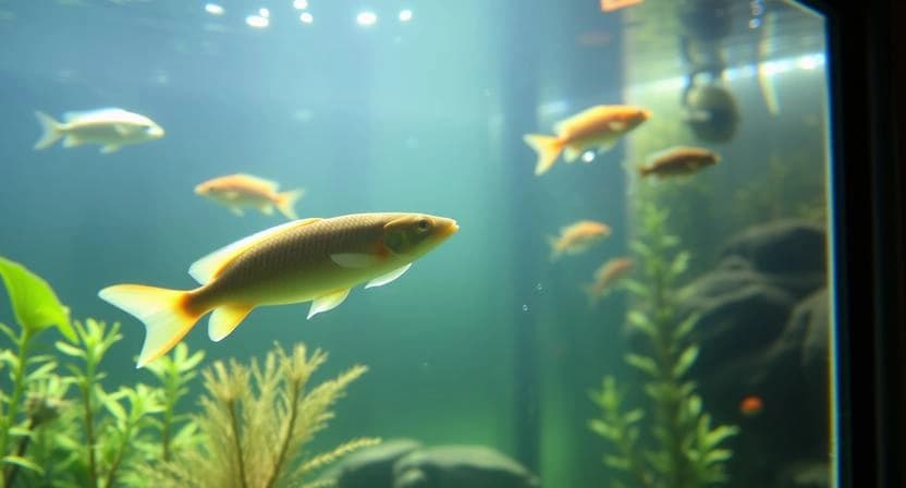 Aquarium nutrient management with controlled feeding and clear water in sunlight