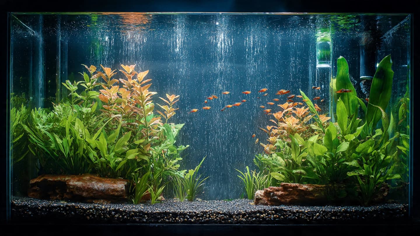 Aquarium illustrating key factors like plants, filtration, and appropriate fish numbers