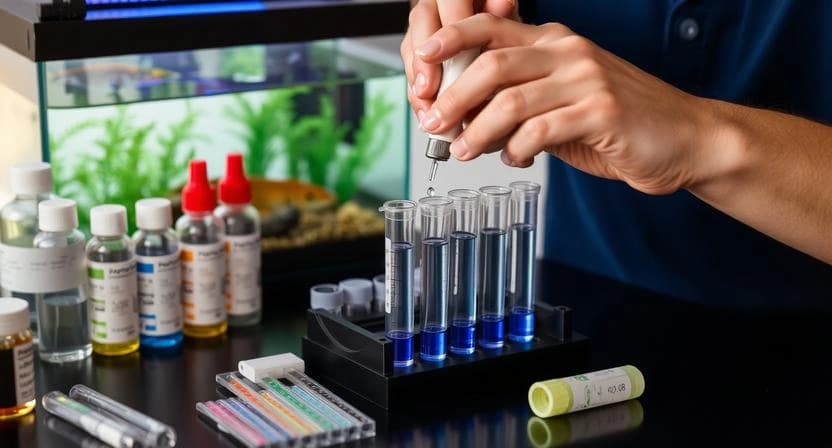 Person testing aquarium water parameters with a test kit