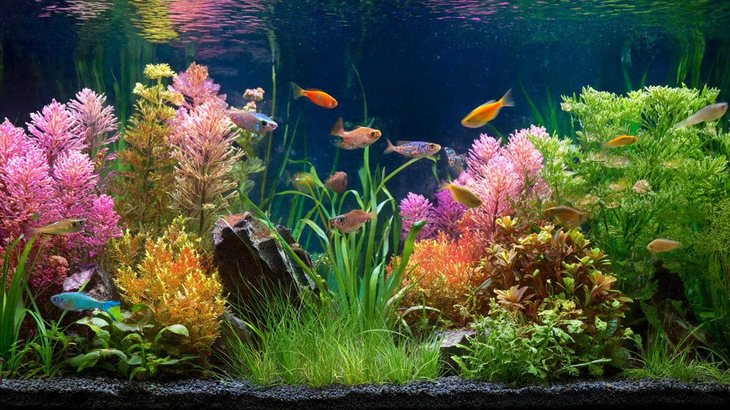 Healthy and balanced planted aquarium with clear water and happy fish