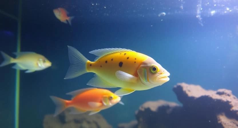 Fish in an aquarium with lights on at night showing reduced activity