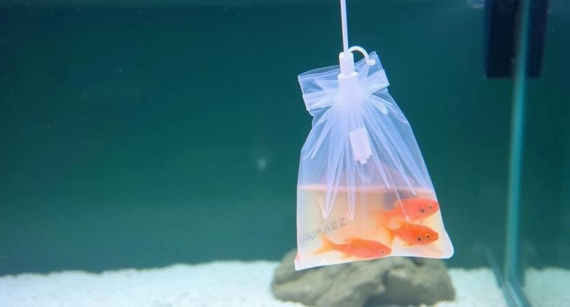 Fish bag floating in aquarium water to equalize temperature during acclimation