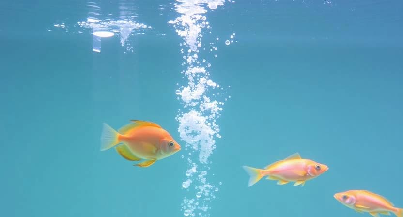Aquarium with visible water circulation and fish swimming at different levels, representing healthy oxygen distribution