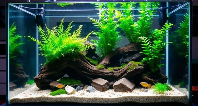 Example of a low-tech planted sustainable budget aquarium with natural elements