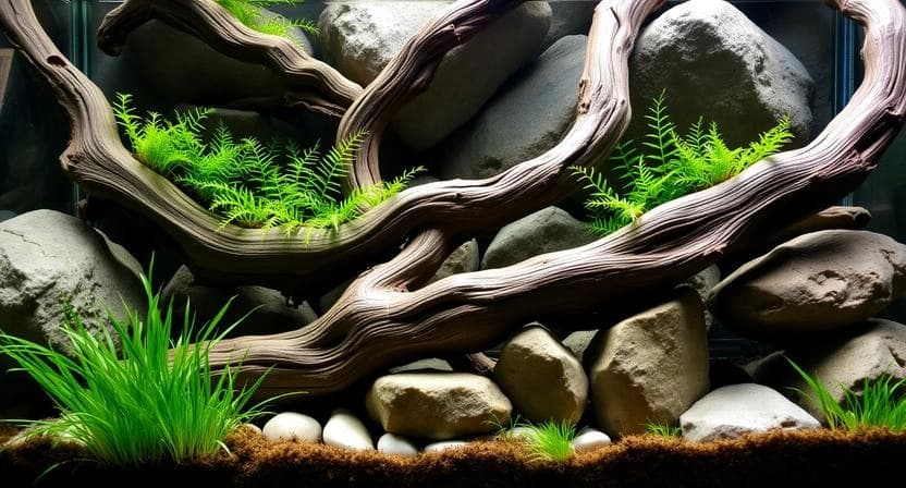 Natural hardscape with driftwood and low-maintenance plants in a sustainable budget aquarium
