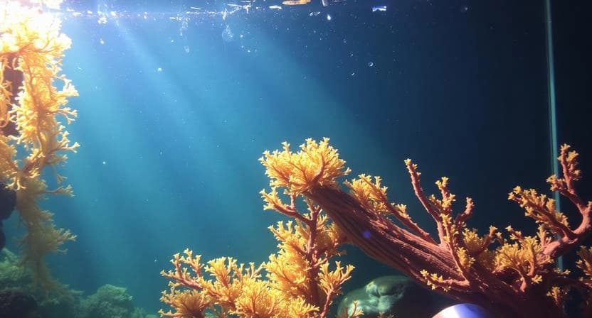 Diagram-style aquarium scene showing how sunlight promotes algae development