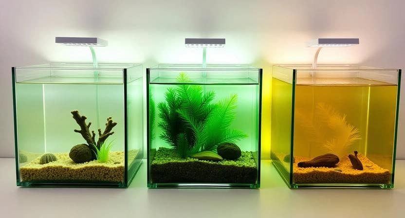 Different types of cloudy aquarium water including white, green, and yellow discoloration
