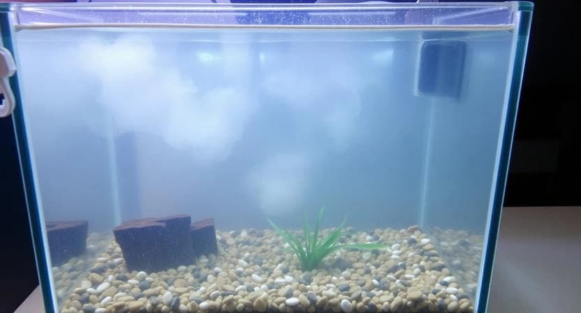 Newly set up aquarium showing mild cloudy water during early setup stage