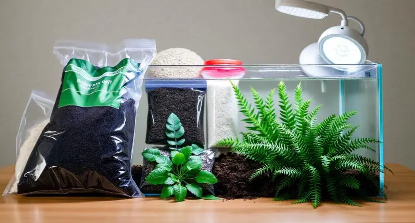 All materials required for a low-cost Walstad aquarium setup