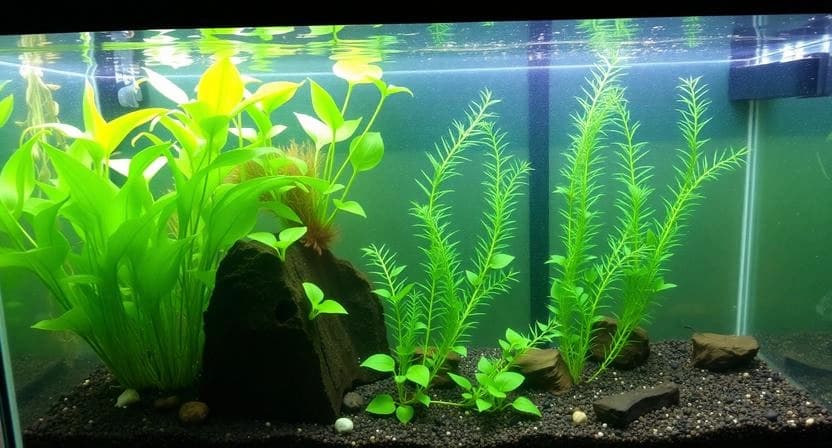 Healthy aquarium ecosystem with plants helping control algae naturally